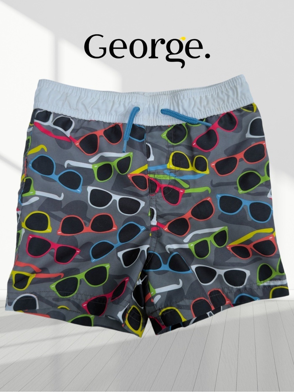 George Boys' Gray Swim Trunks with Multicolor Sunglasses Print